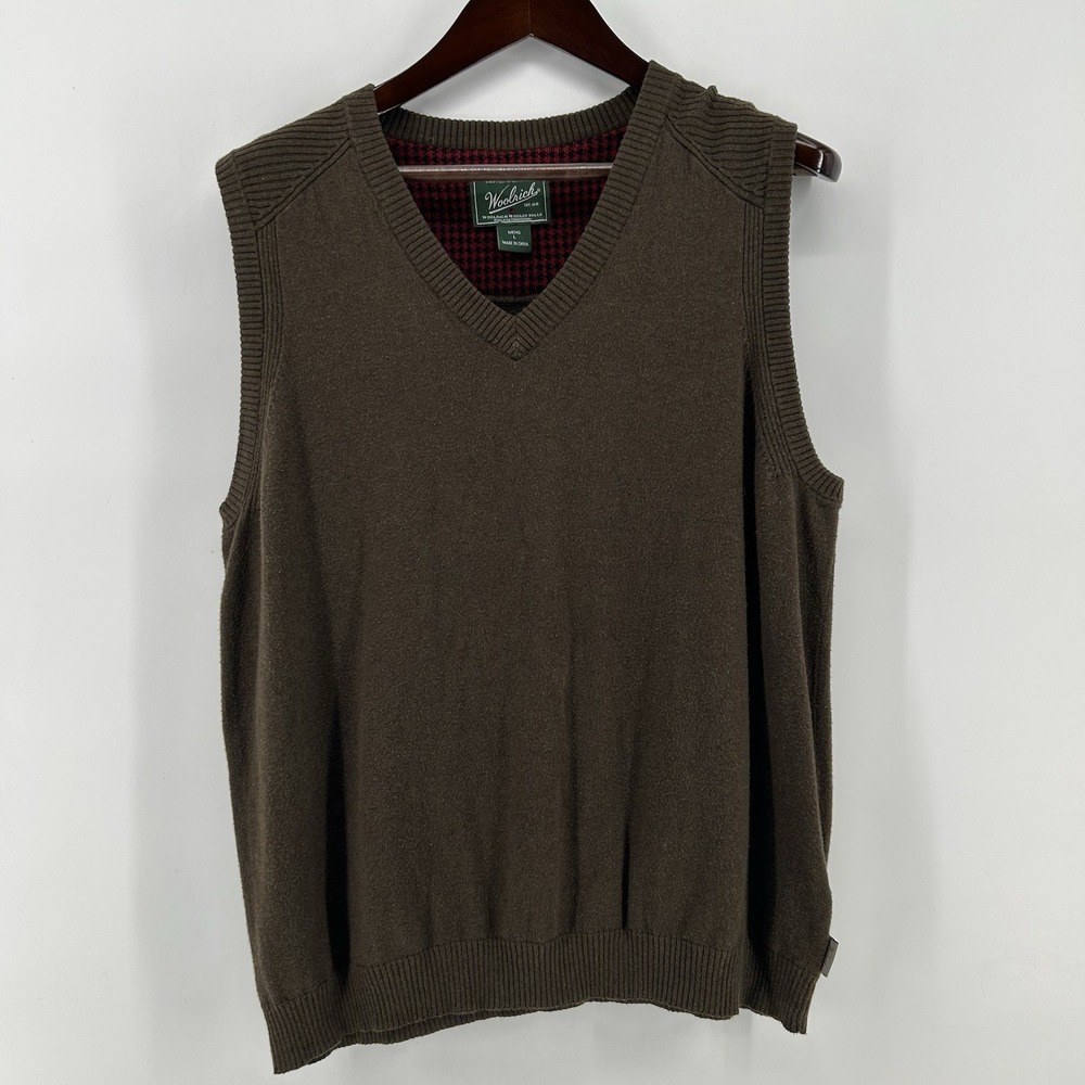 Woolrich Sweater Vest Mens L Brown Wool Blend V Neck Knit Heritage Preppy